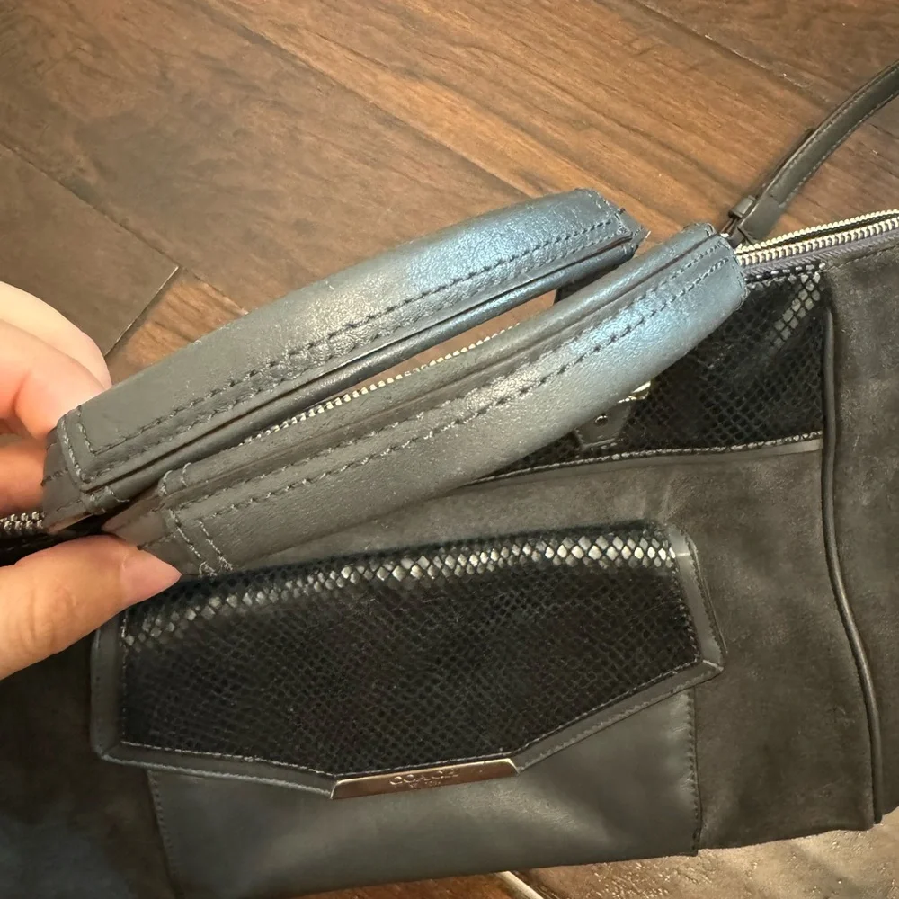 Coach Mixed‑Material Tote — Suede & Embossed Leather — Black/Grey